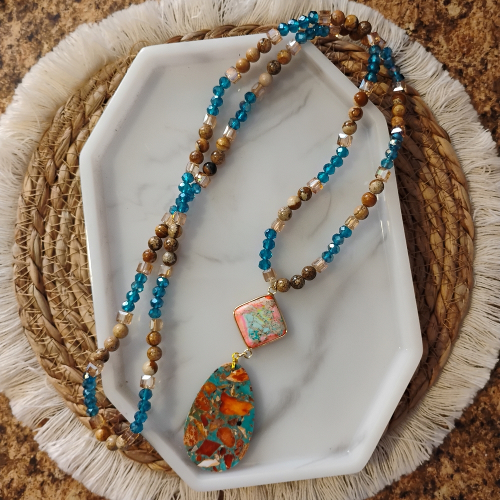 Handcrafted Turquoise & Orange Stone Pendant Necklace - Women Jewelry